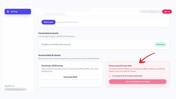 Close account and erase data